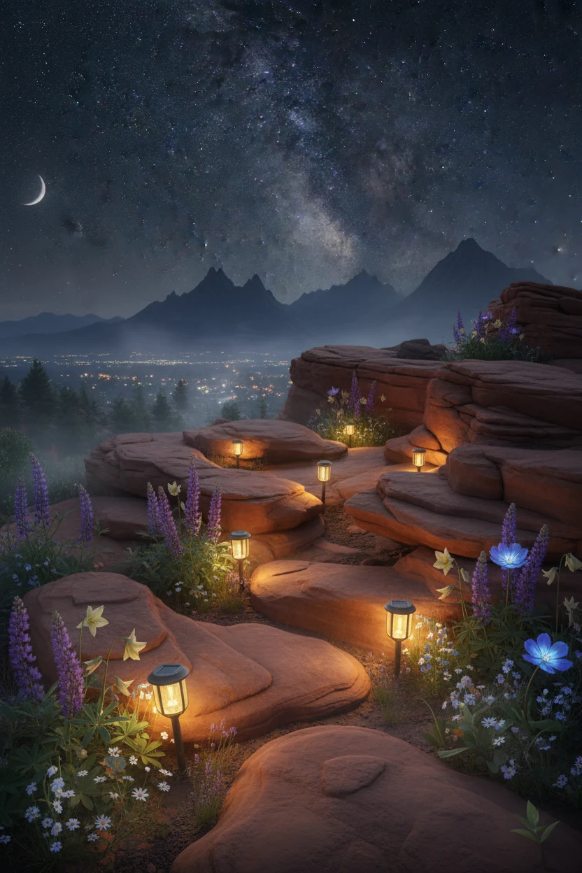 nighttime view of solar lights tucked between sandstone rocks and alpine flowers