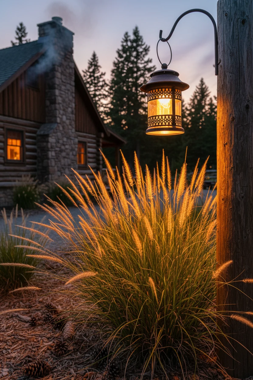 solar lantern casting warm glow on ornamental grasses near cabin