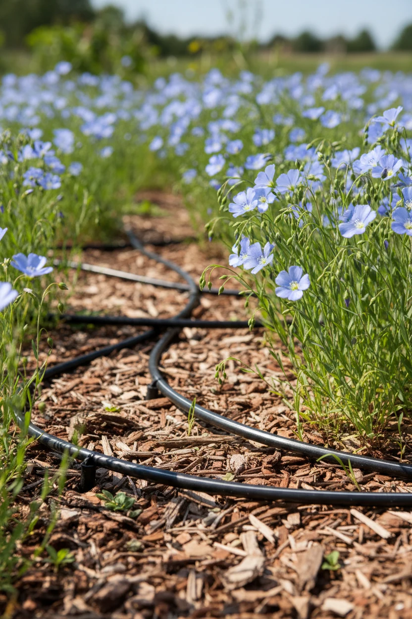 drip irrigation tubing winding between clusters of blue flax flowers