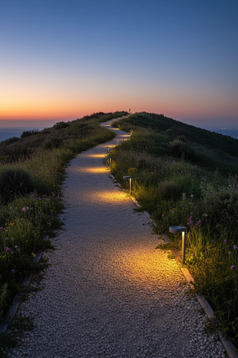 winding gravel path on slope lit by solar lights at dusk