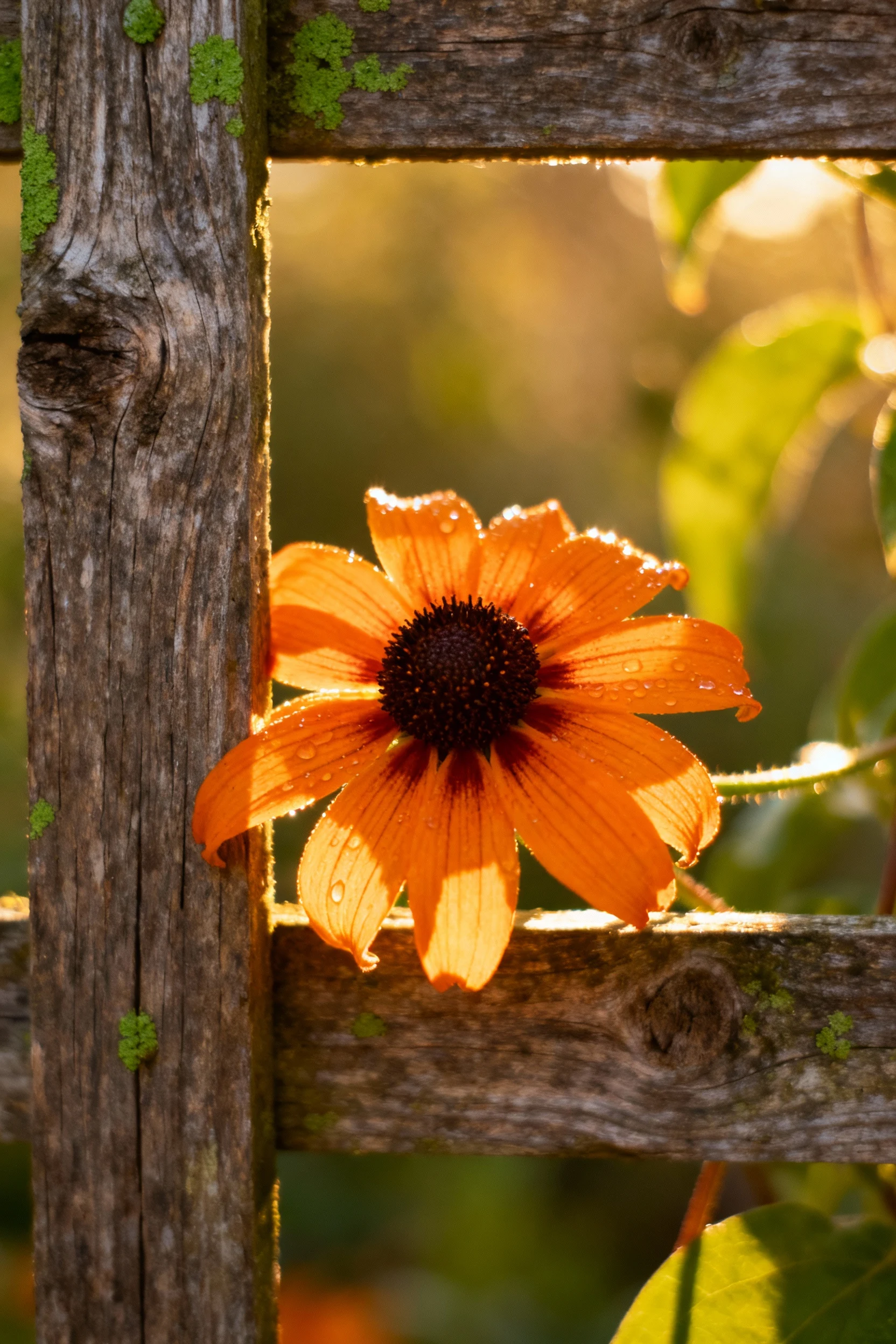 closeup black-eyed Susan vine flower on wooden trellis