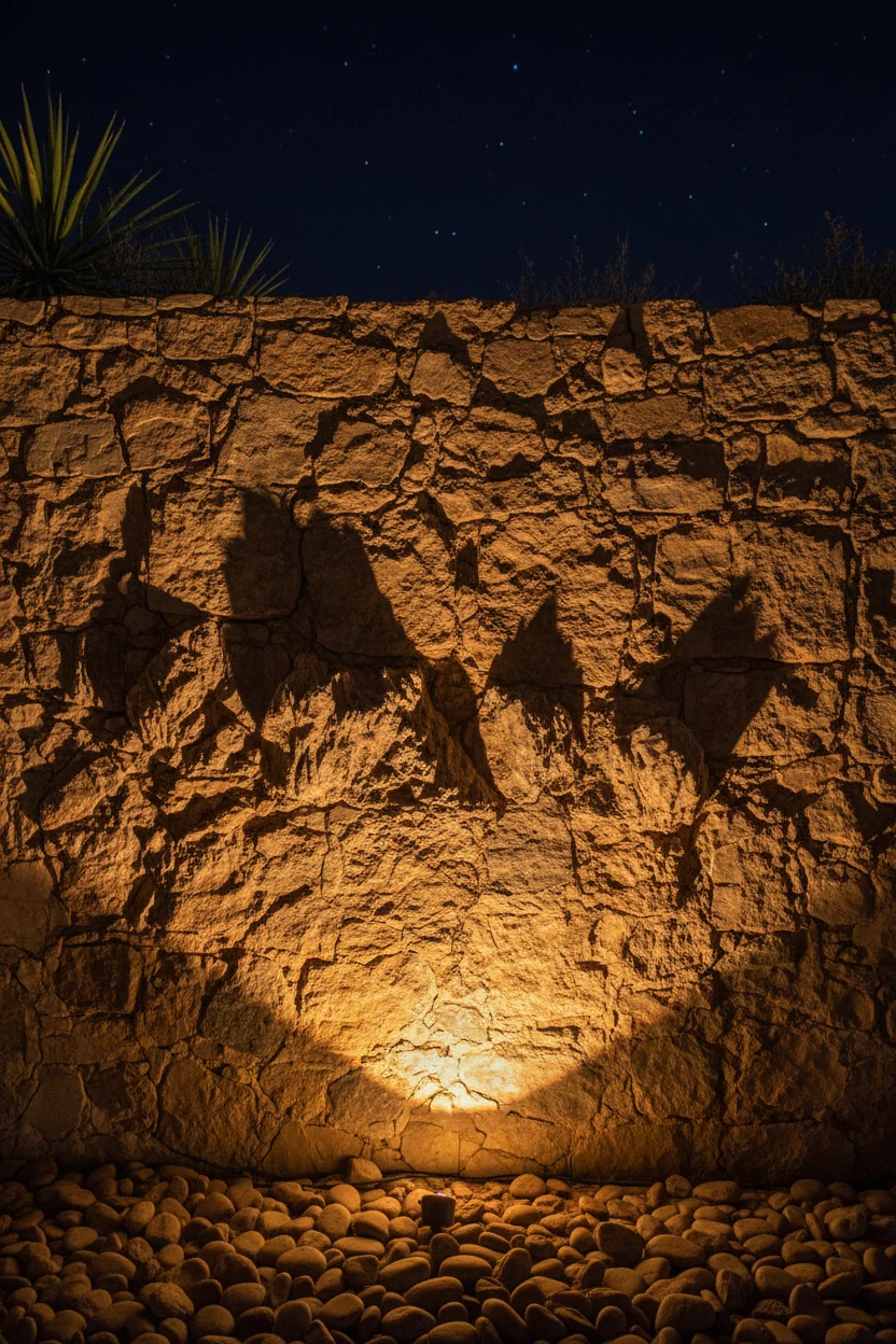 warm LED uplighting casting shadows on textured stone surface at night