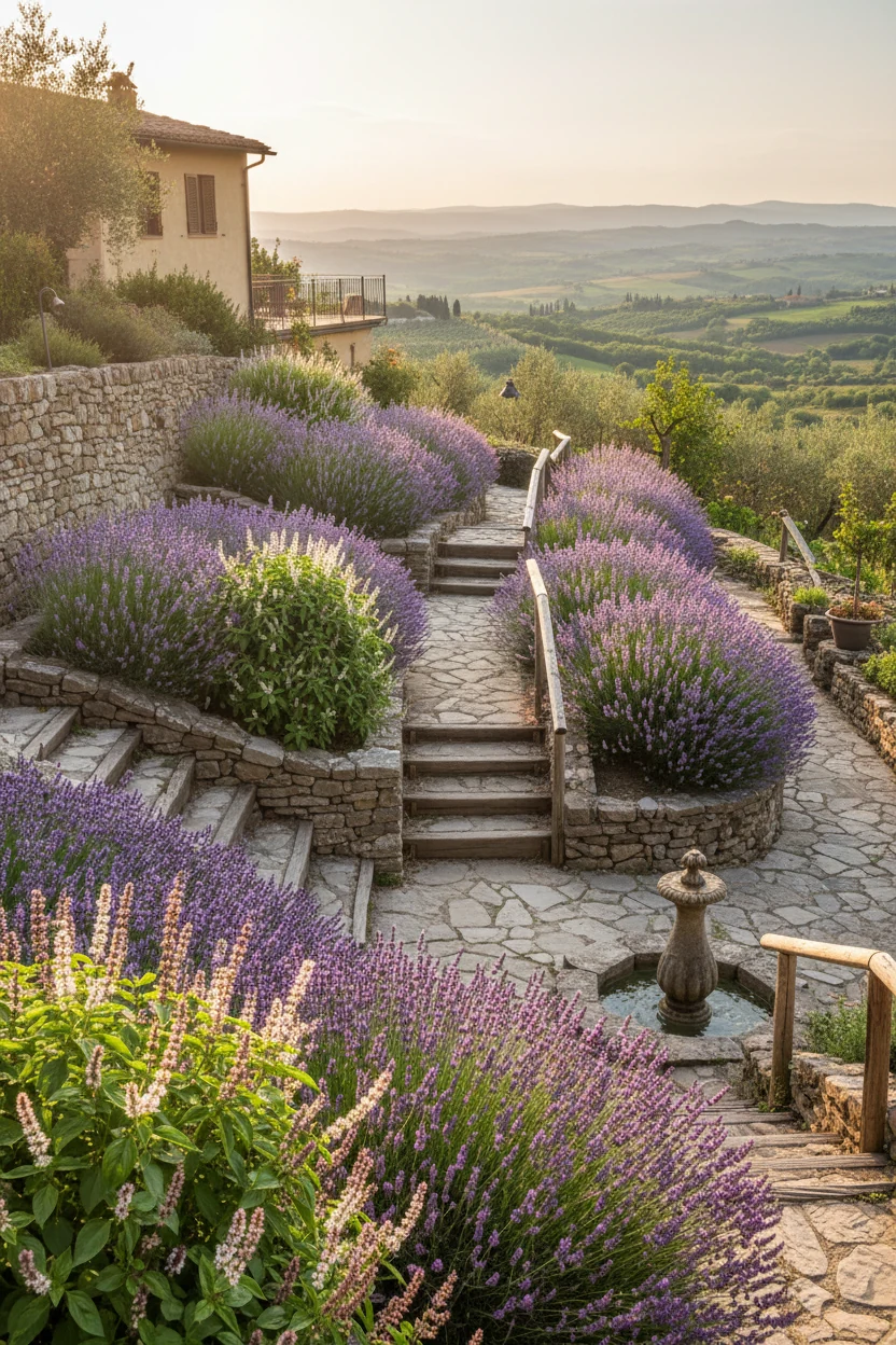 multilevel garden with blooming lavender and basil plants