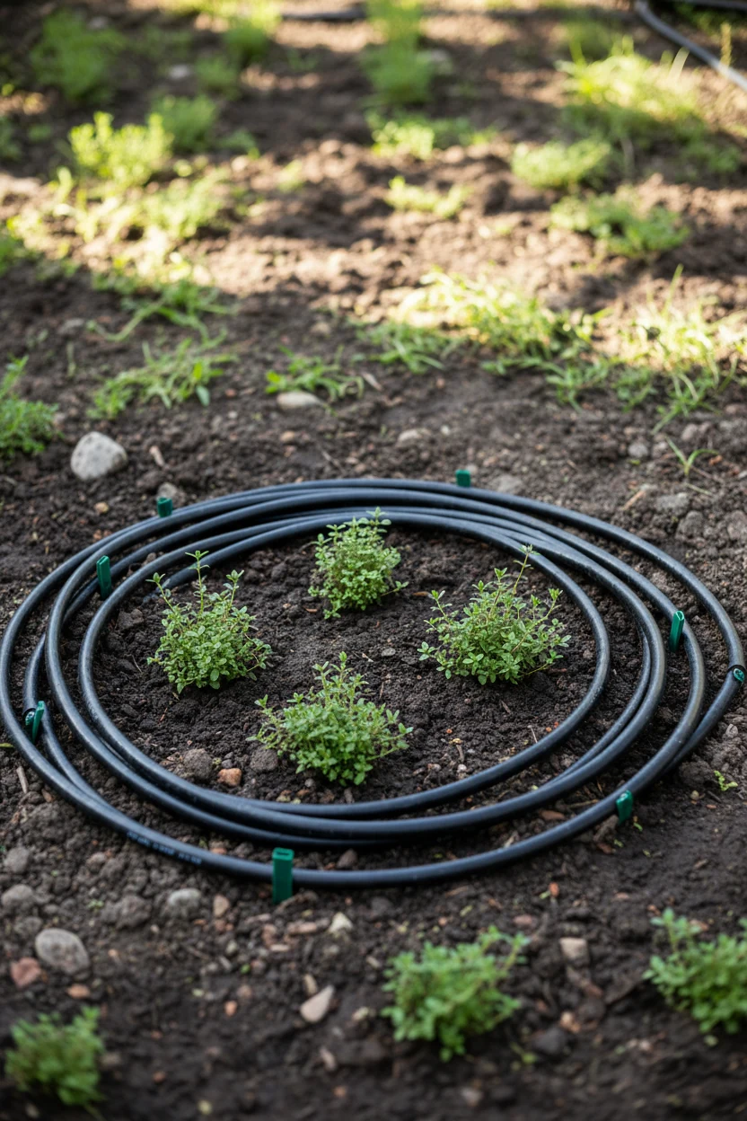 drip irrigation tubing coiled around young thyme plants