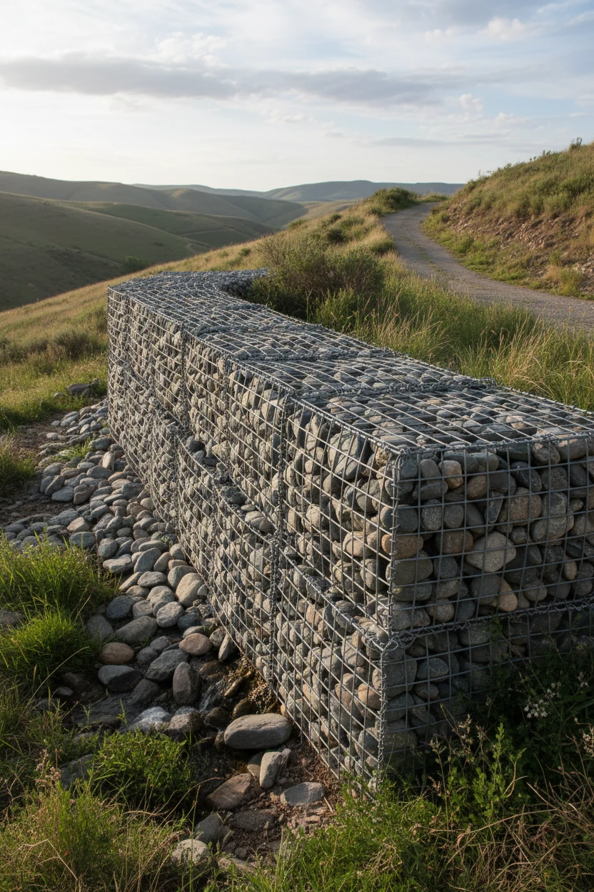 wire gabion cage filled with mixed gray river rocks on slope