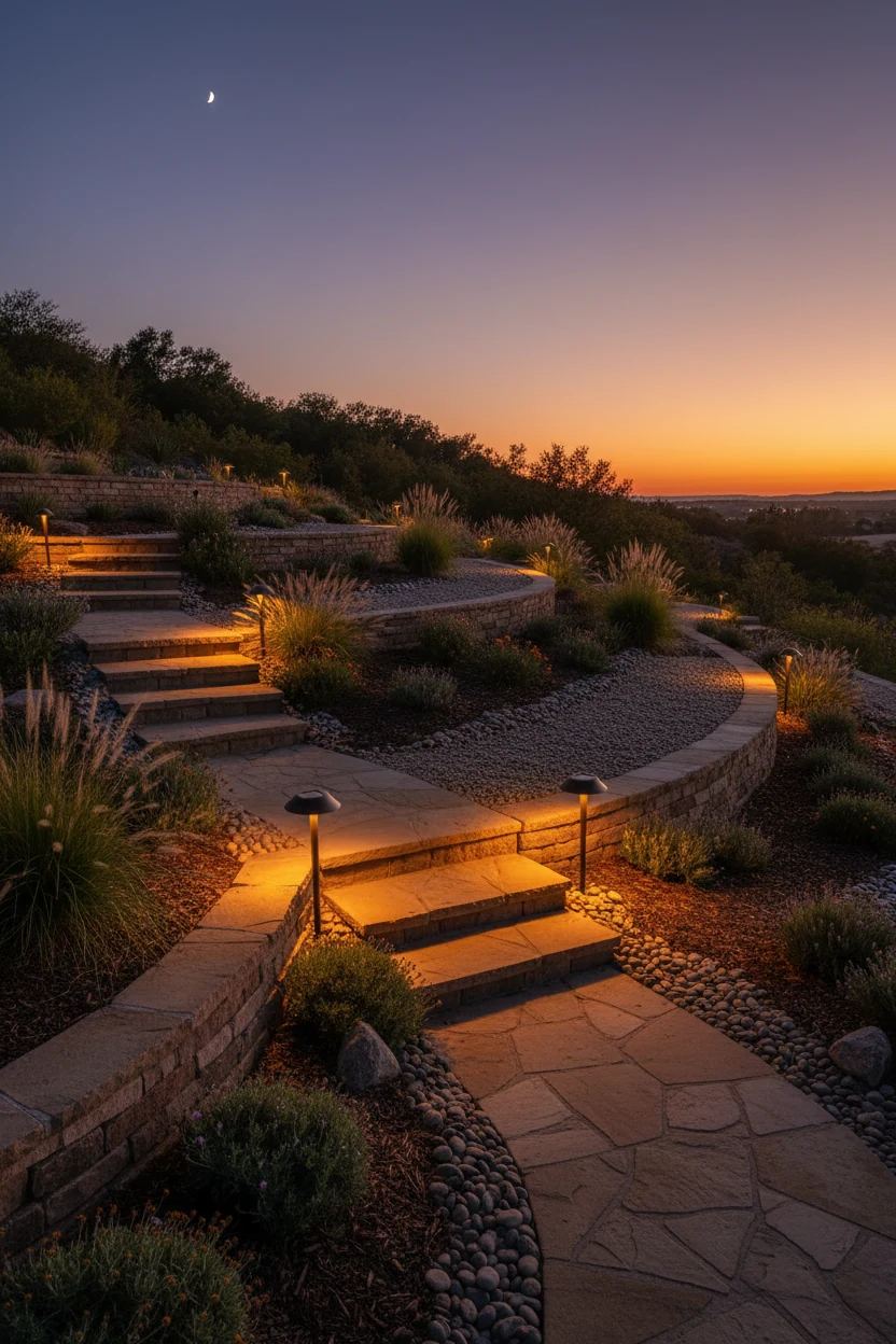 solar path lights casting shadows on terraced slope at dusk