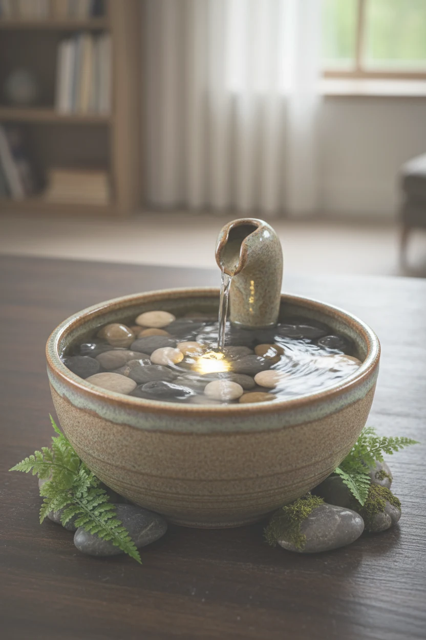 tabletop ceramic bowl fountain with polished pebbles