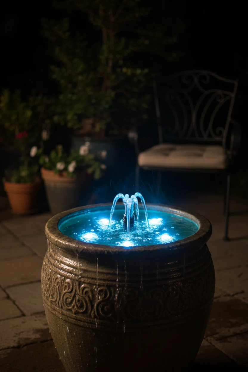 nighttime closeup of patio container fountain illuminated by soft blue LED lights