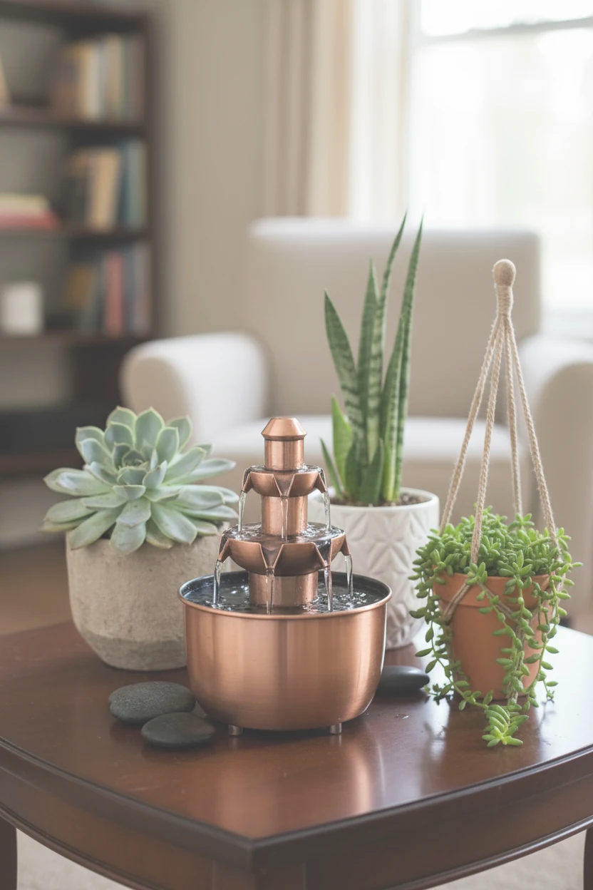 small tabletop metal fountain next to potted succulents