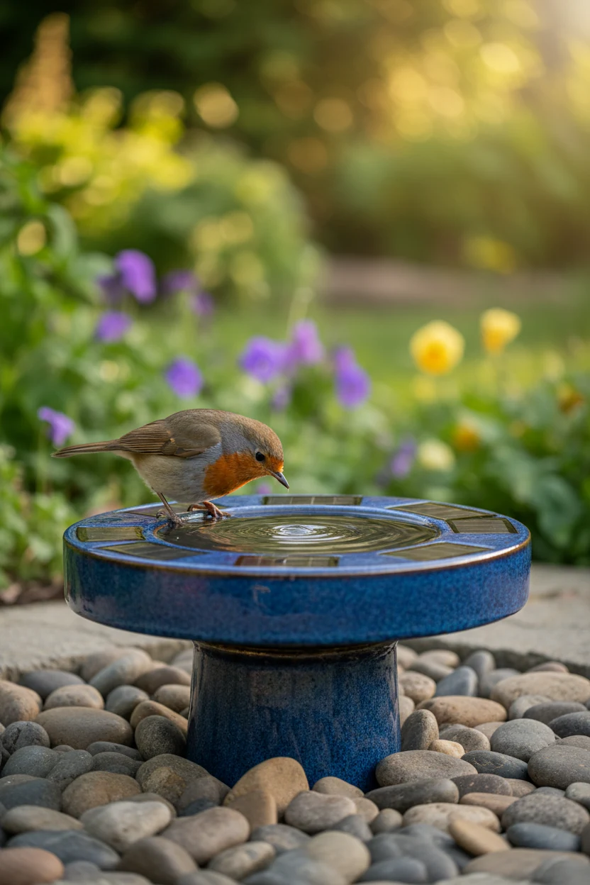 bird drinking from blue solar bird bath surrounded by river stones