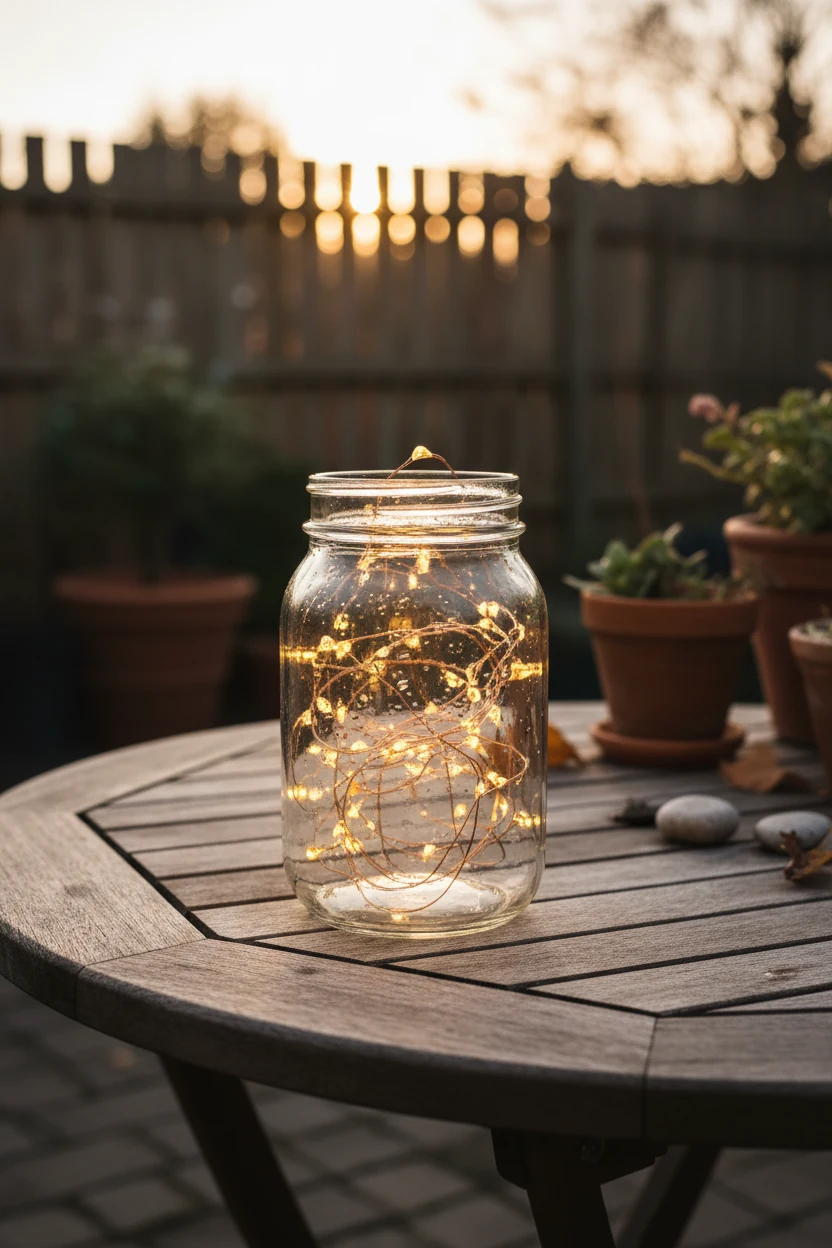 glass mason jar filled with fairy lights on wooden patio table