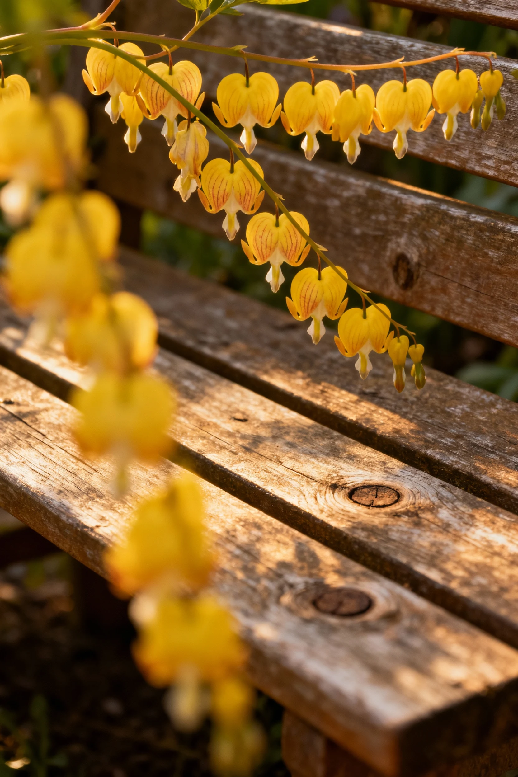 yellow bleeding heart flowers hanging in cluster over rustic garden bench,