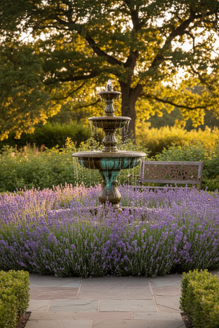 copper garden fountain with natural green patina framed by blooming lavender plants