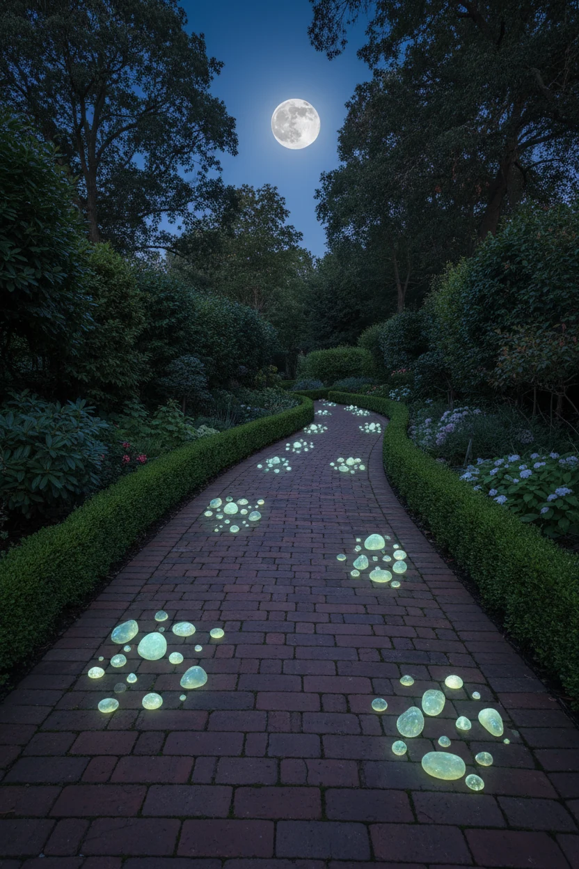 glowing pebbles scattered along brick garden path under moonlight