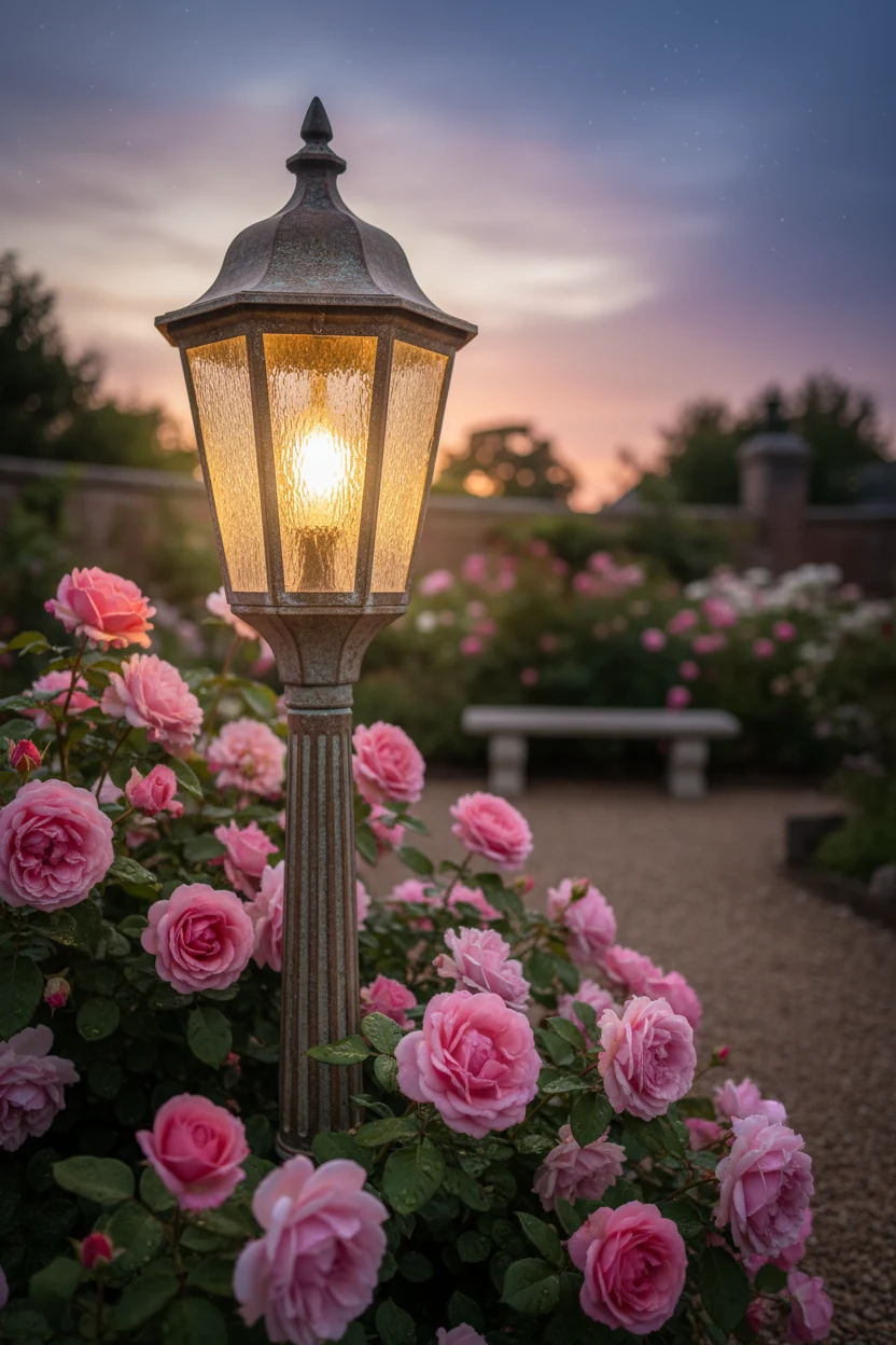lantern-style garden light beside blooming pink roses at dusk