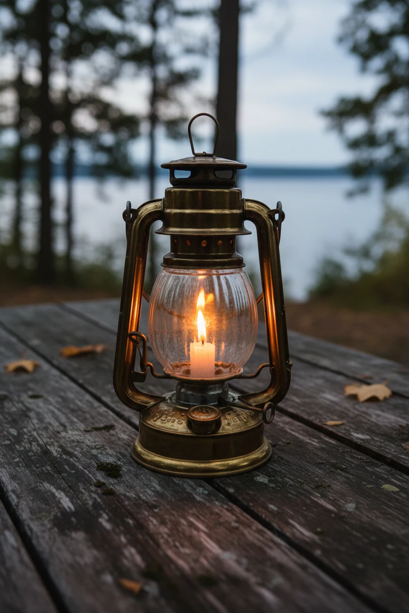 hurricane lantern with flickering candle on wooden outdoor table
