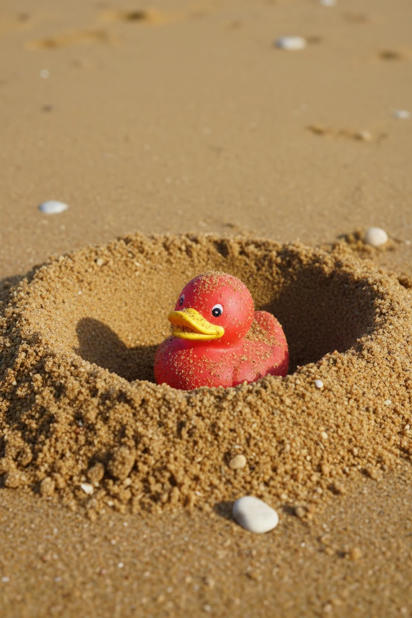 closeup sand-filled dig pit, partially buried rubber toy