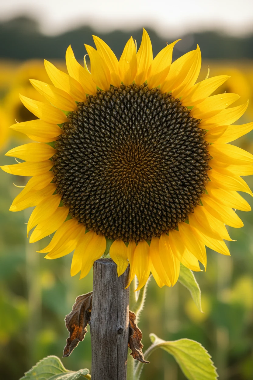 macro sunflower seed head, wooden stake, yellow petals