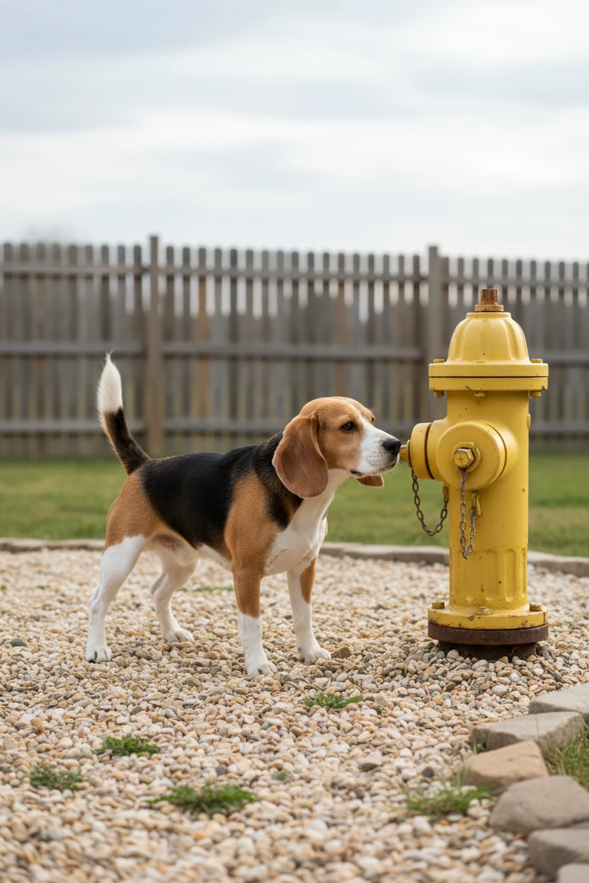 male beagle lifting leg at yellow hydrant on pea gravel