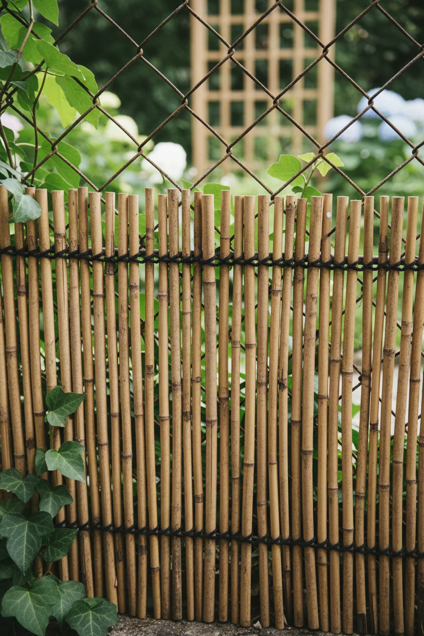 Closeup bamboo privacy screen on chain link fence