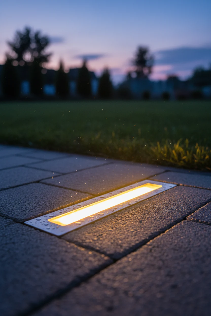 closeup recessed paver edge light glowing warm at dusk