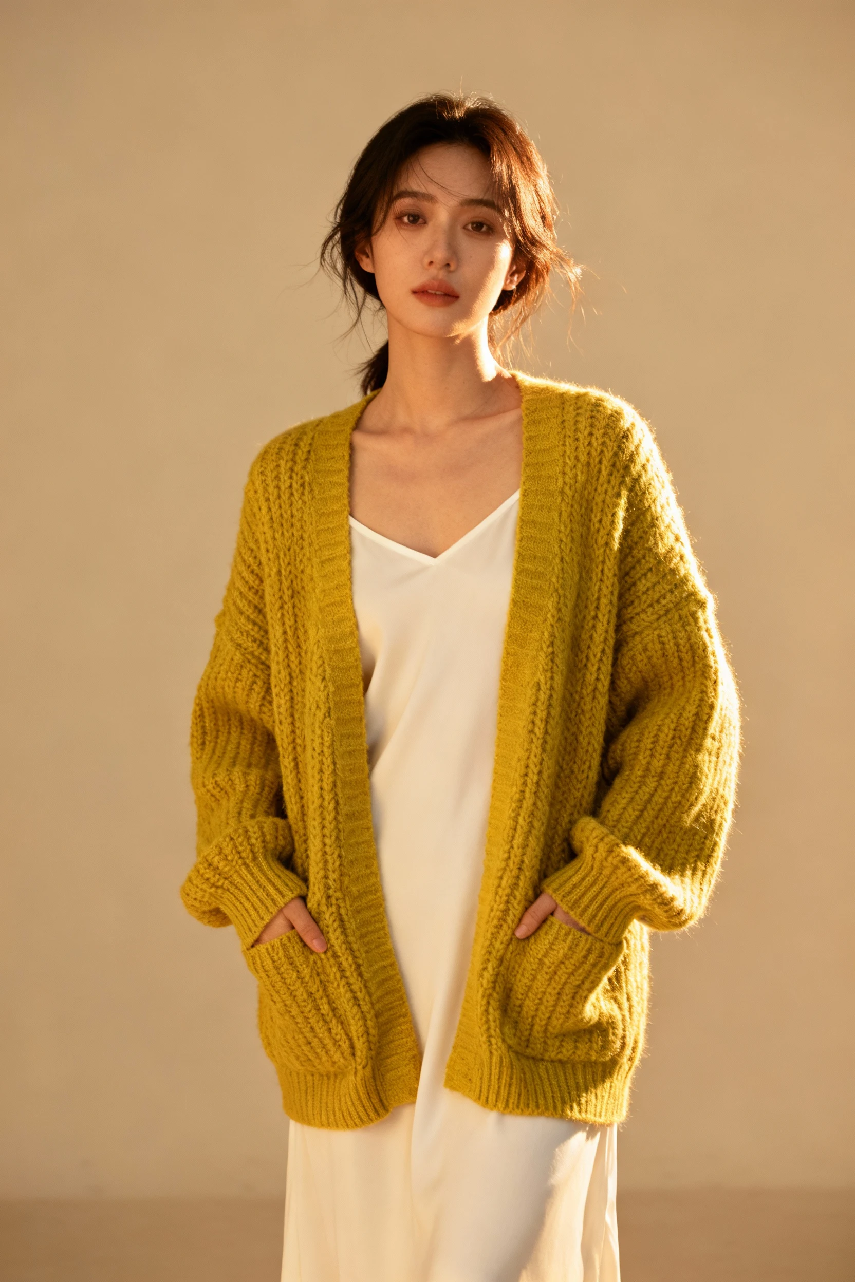 female in chunky knit forsythia yellow cardigan over white slip dress,