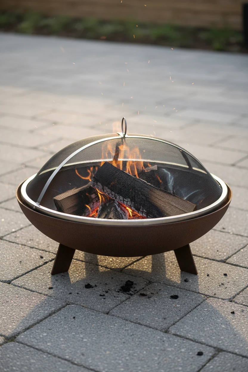 closeup portable fire bowl on gray heat-resistant pavers, spark screen