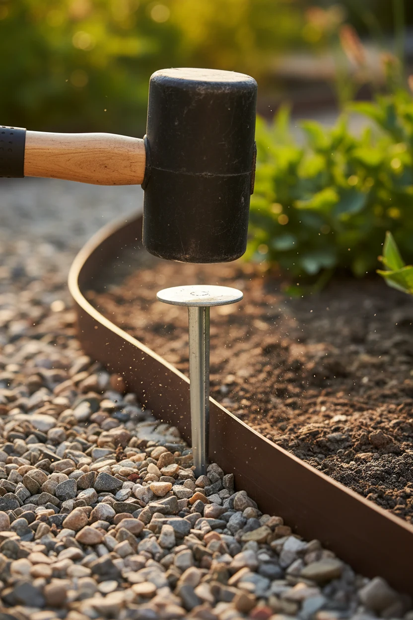 closeup rubber mallet driving 10-inch spikes into plastic edging
