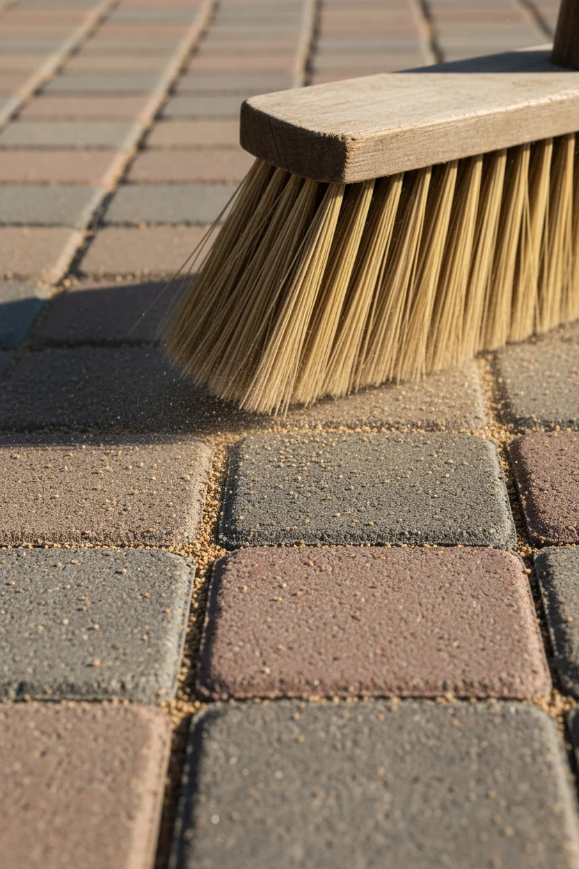 closeup broom sweeping polymeric sand into tight paver joints