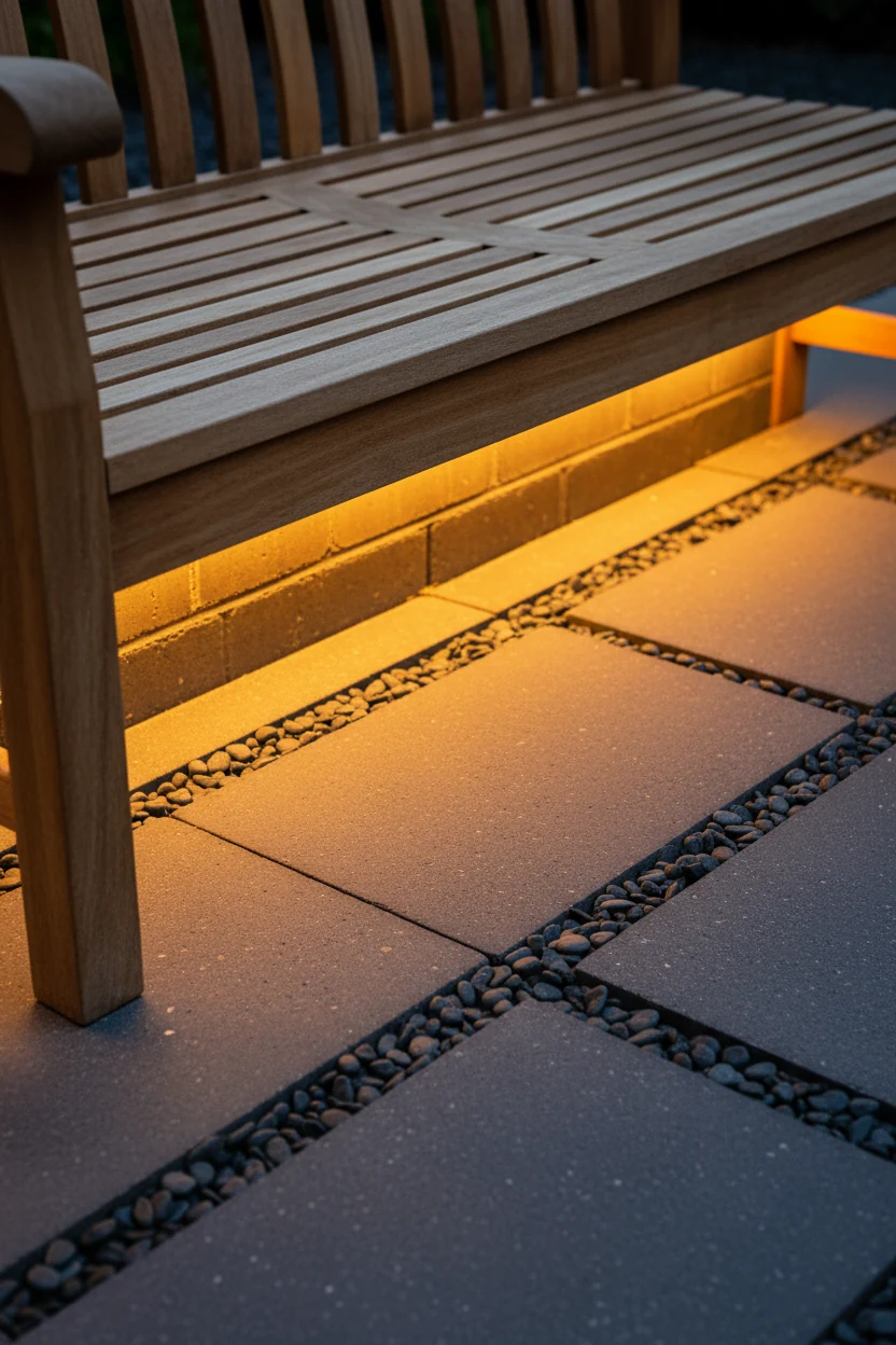 closeup warm LED under-glow beneath teak bench, charcoal pavers
