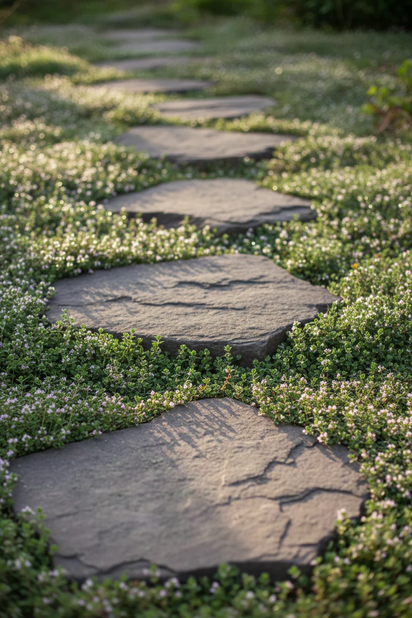 closeup wide stepping stones with creeping thyme between