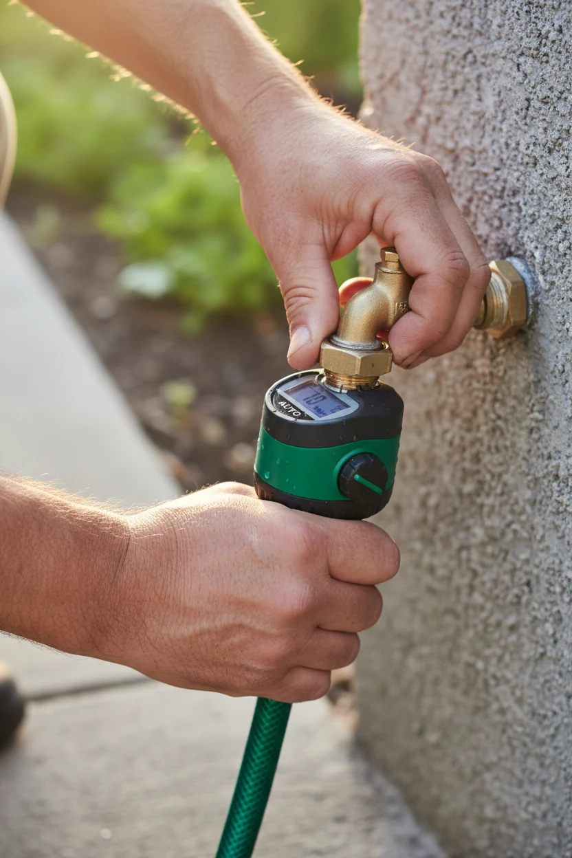 closeup male hands attaching hose-end timer to spigot