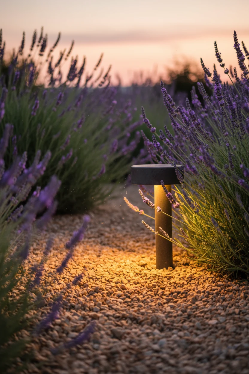 closeup warm path light on decomposed granite, lavender