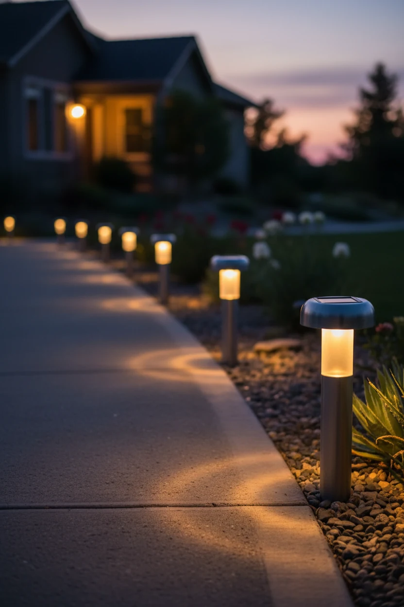 closeup staggered warm solar path lights along concrete walkway