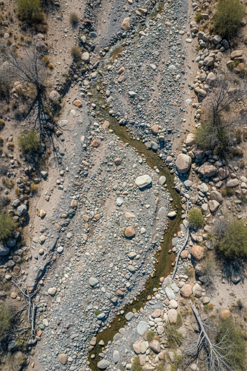 overhead of dry creek bed with mixed river rock