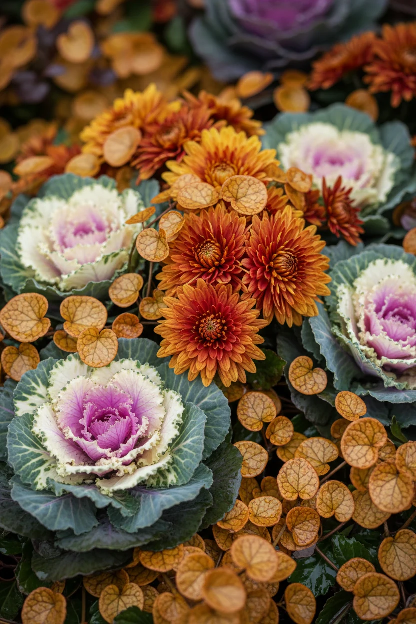 closeup mums and bronze creeping Jenny with ornamental cabbage