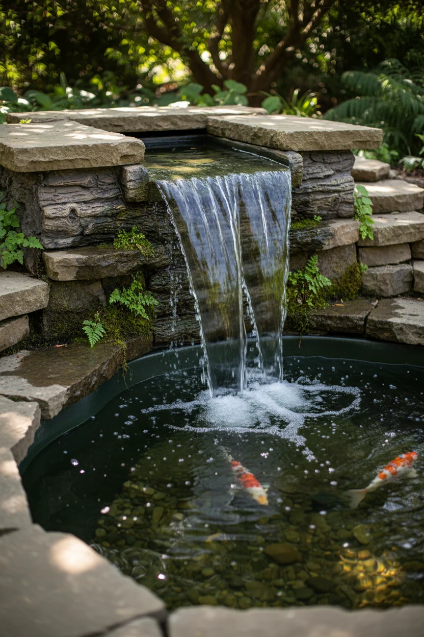 closeup waterfall box spilling into preformed pond, block capstones
