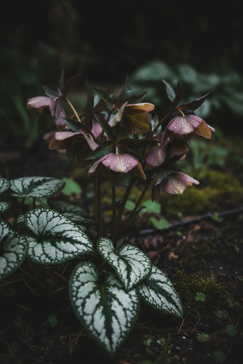 shade closeup hellebore flower beside variegated brunnera leaves