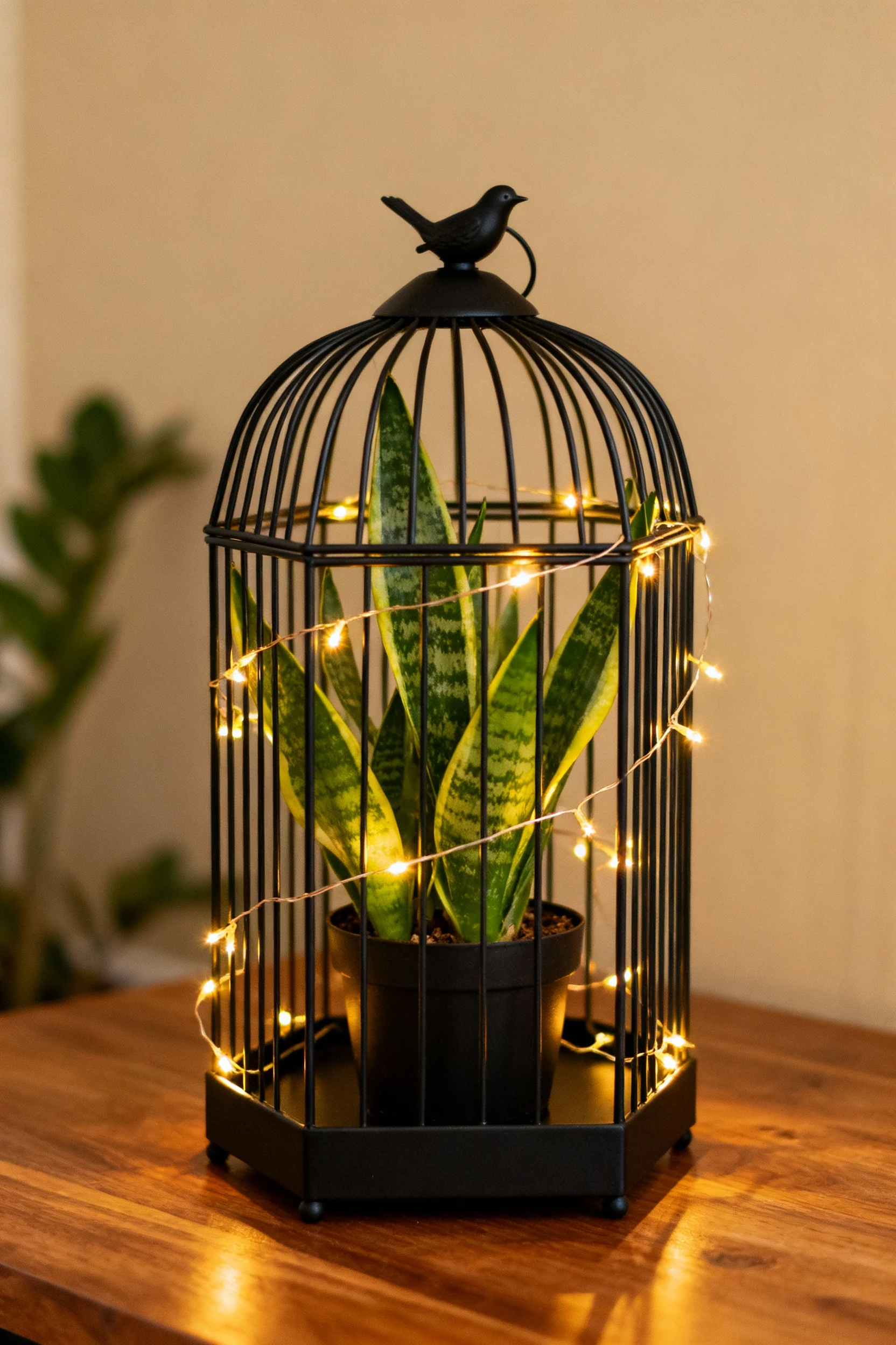 tabletop black matte bird cage with sansevieria and fairy lights