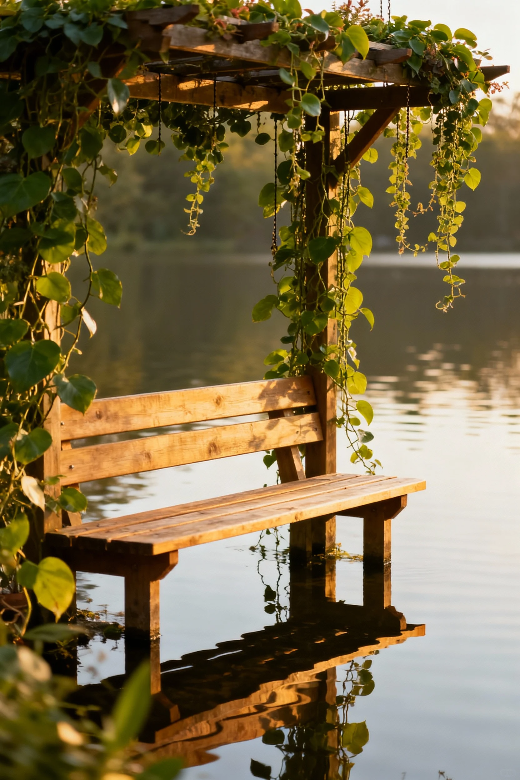 bench under hanging plant pergola beside tranquil water