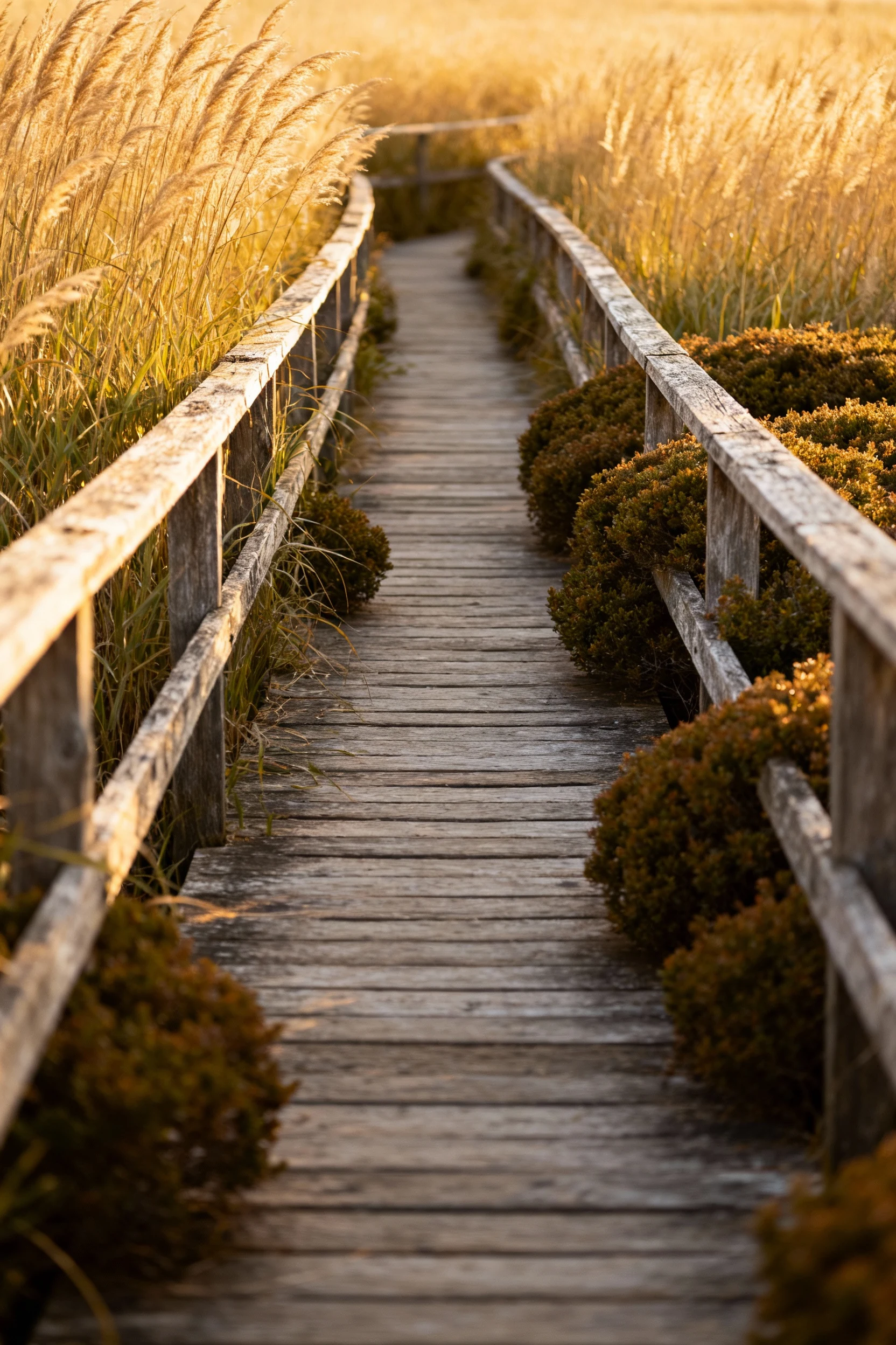 wooden framed pathway lined with tall grasses and low shrubs