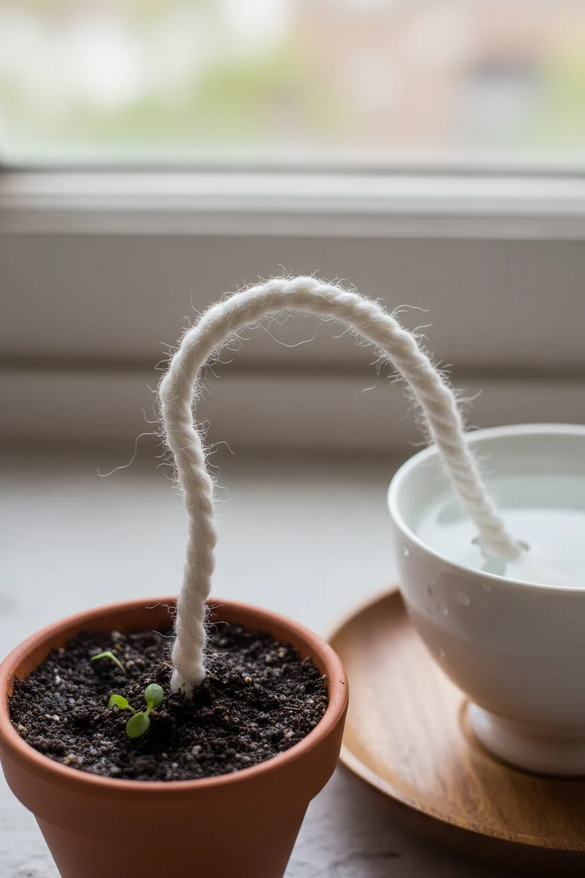 cotton wick threaded through soil, draped over teacup rim