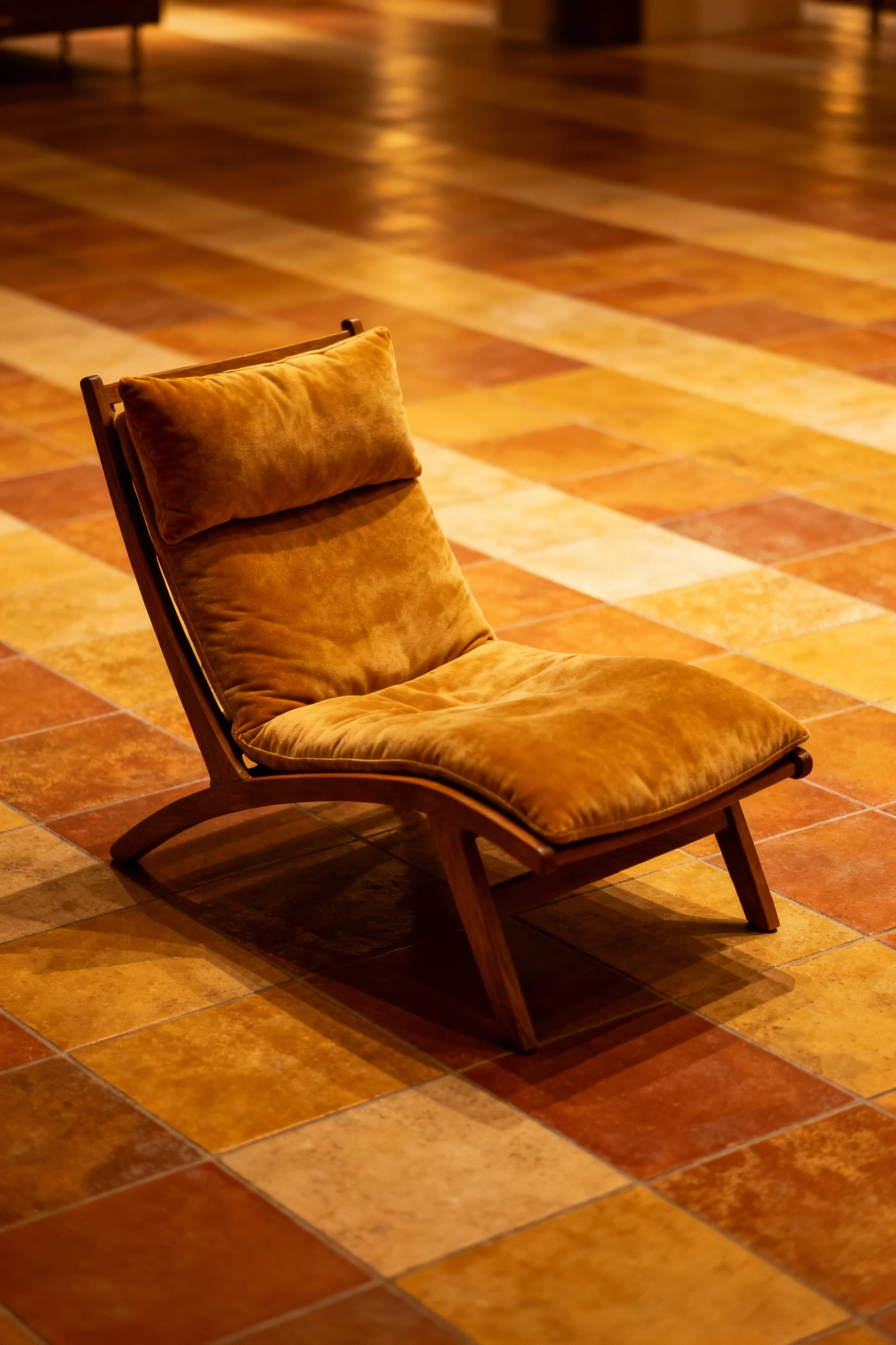 diagonal patterned tiles under cozy lounge chair