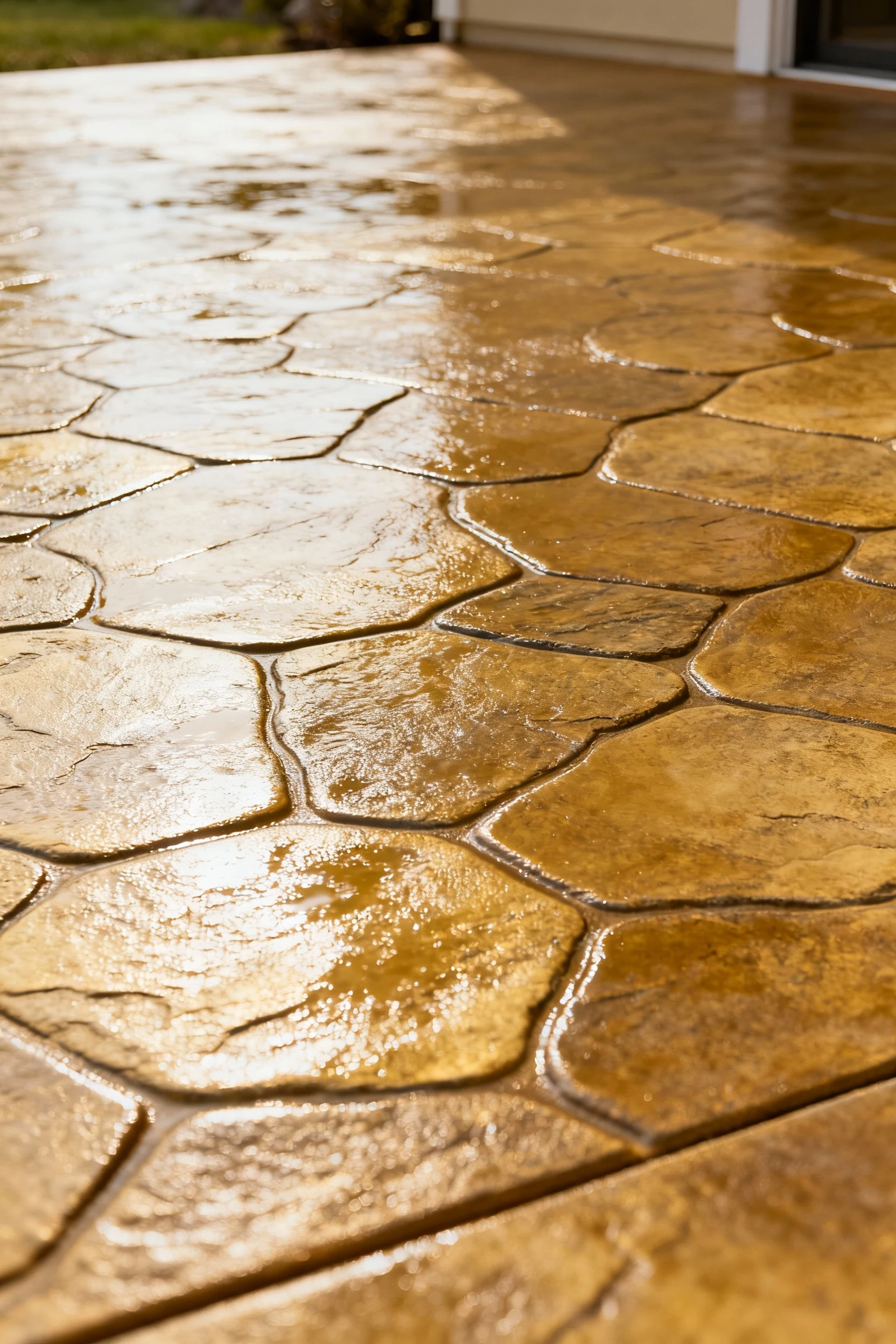 stamped concrete patio with subtle stone pattern and wet sheen