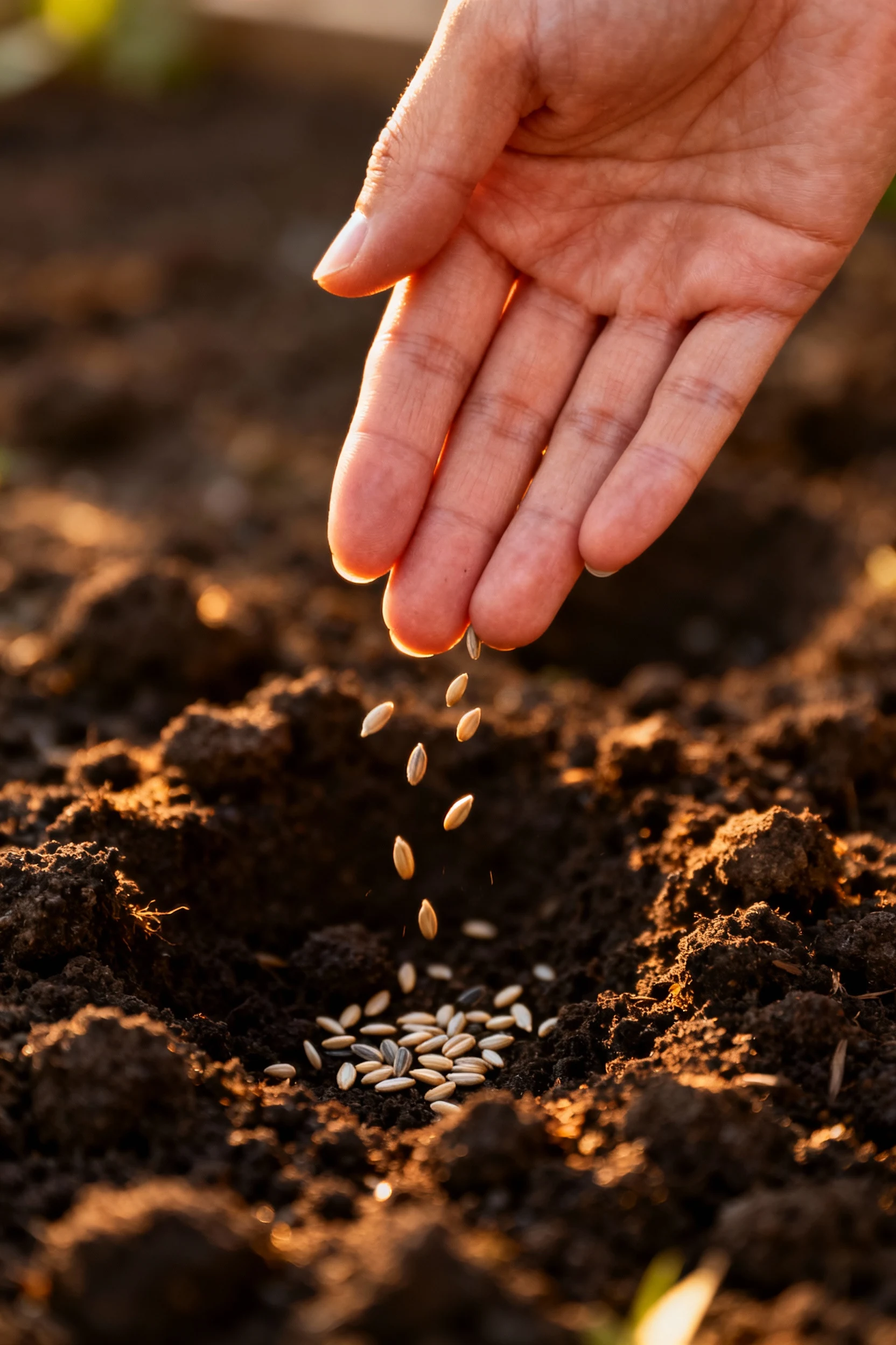 hand scattering zinnia seeds into dark garden soil