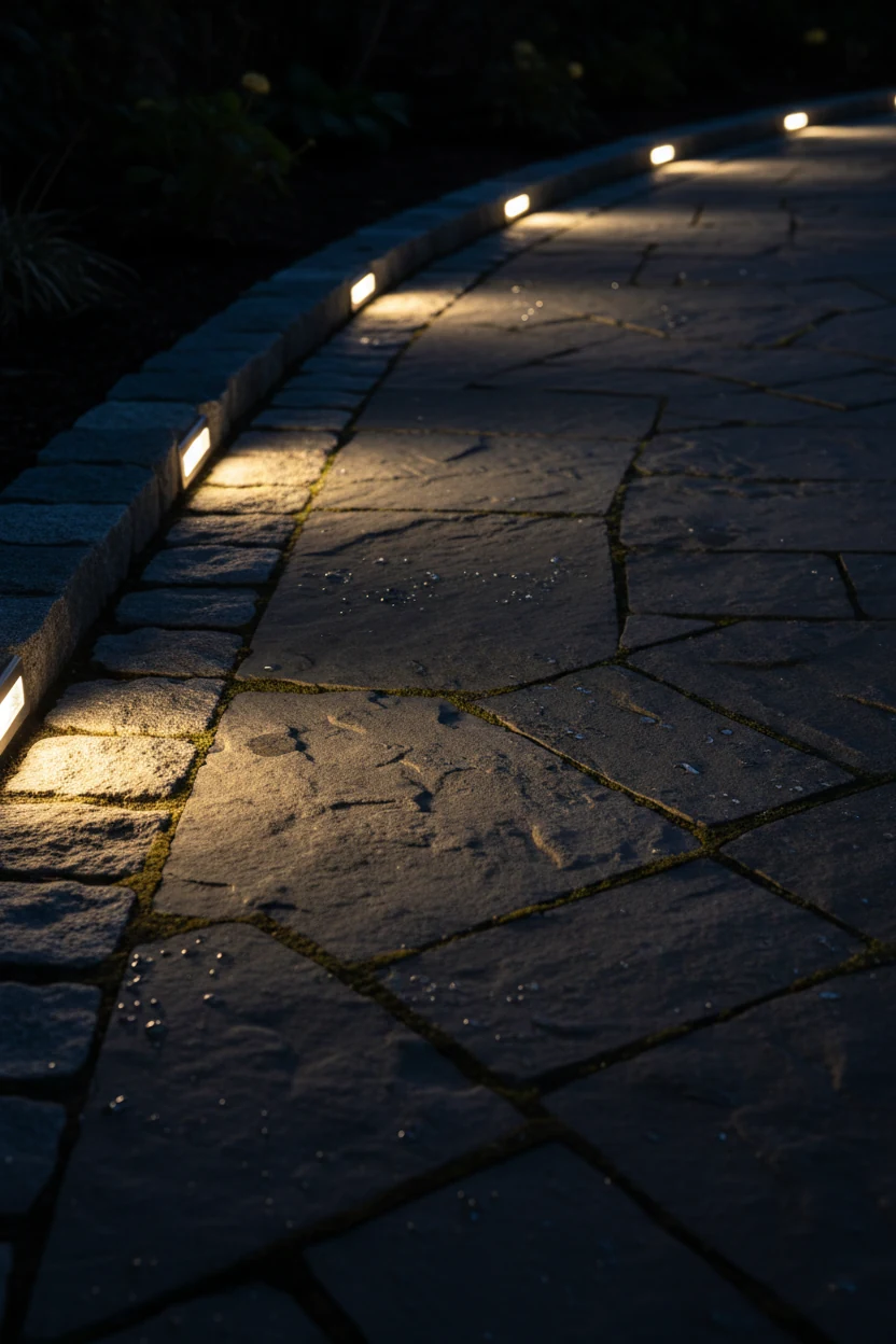 night closeup paver-edge light washing across charcoal walkway