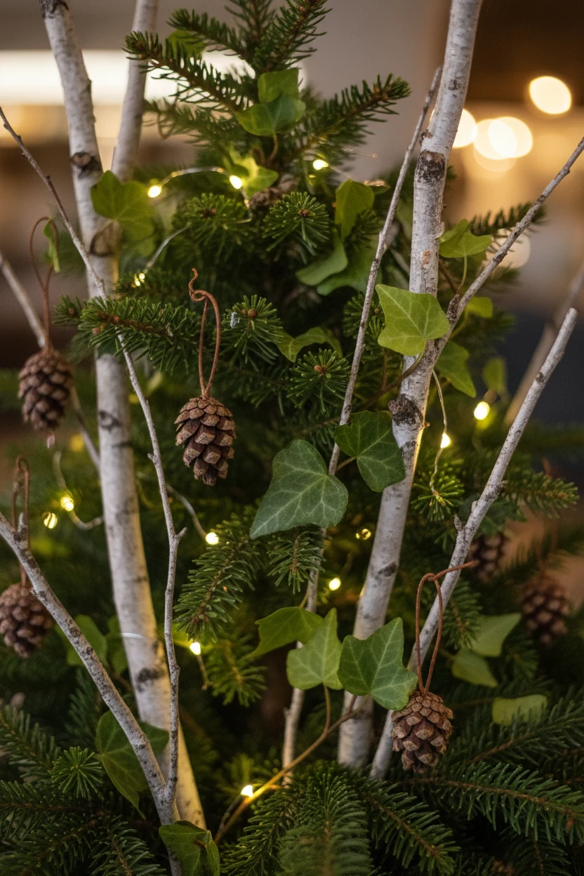 closeup dwarf conifer, ivy, pinecones, birch branches, micro-lights