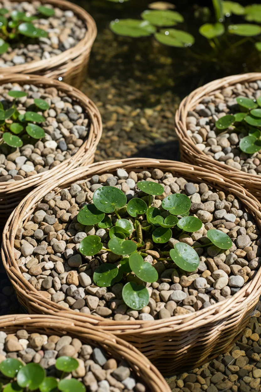 closeup plant baskets with pea gravel, dwarf lily leaves
