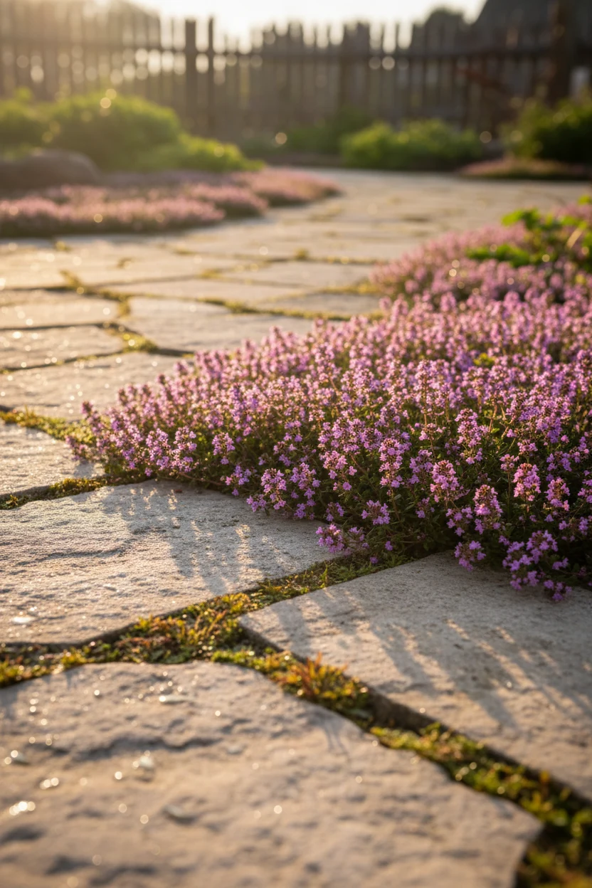 closeup creeping thyme flowering between sunlit walkway pavers