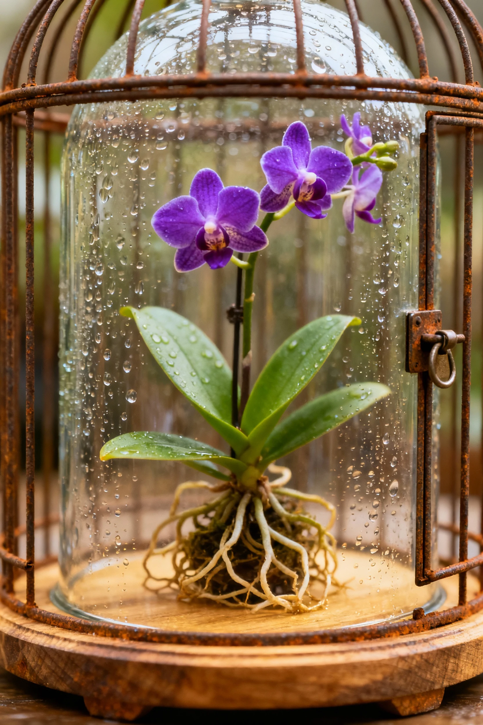 glass dome inside bird cage housing mini orchids with condensation